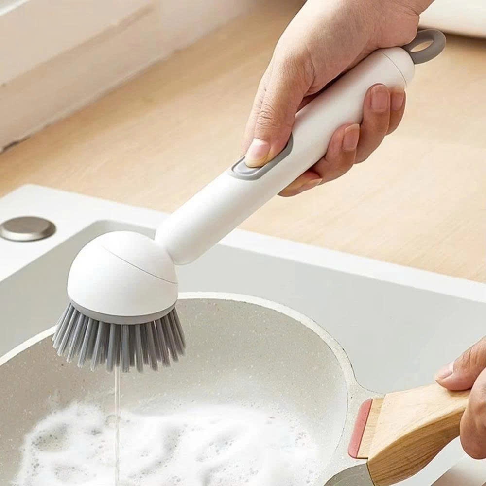 Bàn Chải Cọ Nồi Chảo Có Bình Đựng Nước Rửa Chén, Đầu Cọ Xoay 360 Độ Làm Sạch Hiệu Quả