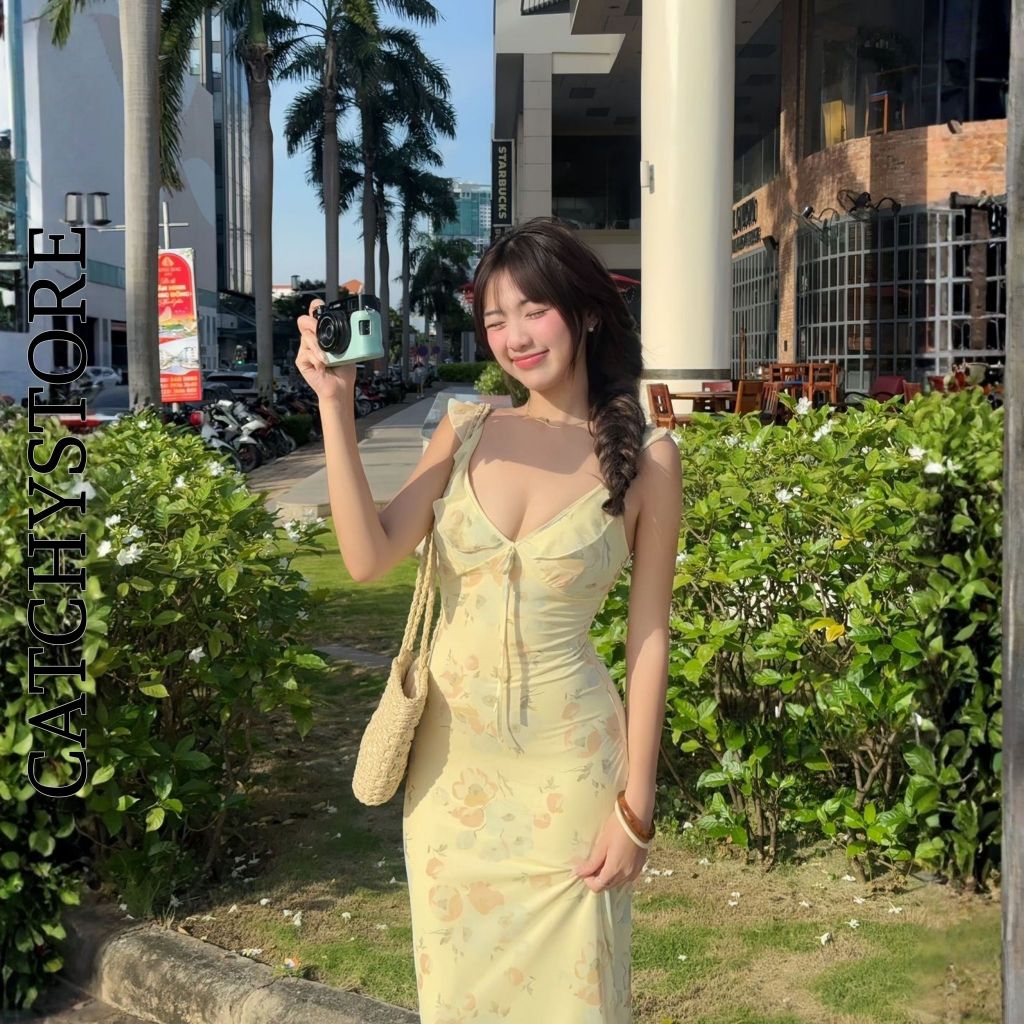 Đầm hoa maxi ôm body tay cánh tiên phối bèo phong cách nàng thơ hàn quốc thích hợp đi biển đi chơi vintage CATCHYstore