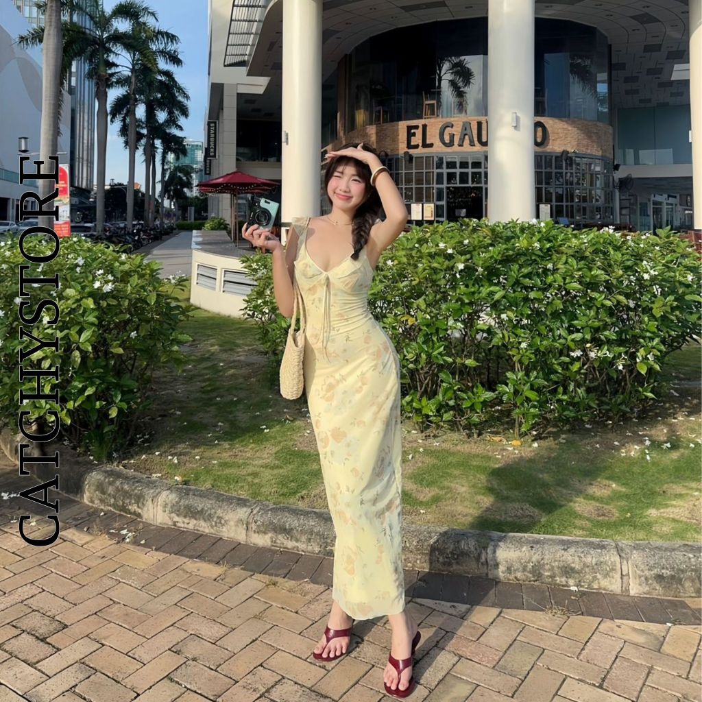 Đầm hoa maxi ôm body tay cánh tiên phối bèo phong cách nàng thơ hàn quốc thích hợp đi biển đi chơi vintage CATCHYstore