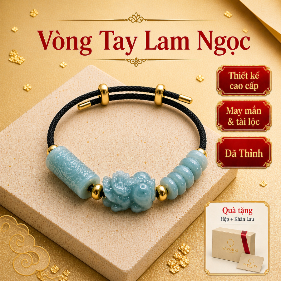 Vòng đeo tay nữ Lam Ngọc ba charm, lắc tay đá phong thủy Lộc Tụ Các cân bằng năng lượng, tạo cảm giác thư thái