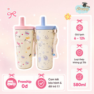 Ly Giữ Nhiệt Dễ Thương 580ml Có Ống Hút | Bình Nước Giữ Lạnh Inox 316, Cốc Cute Mang Đi Học