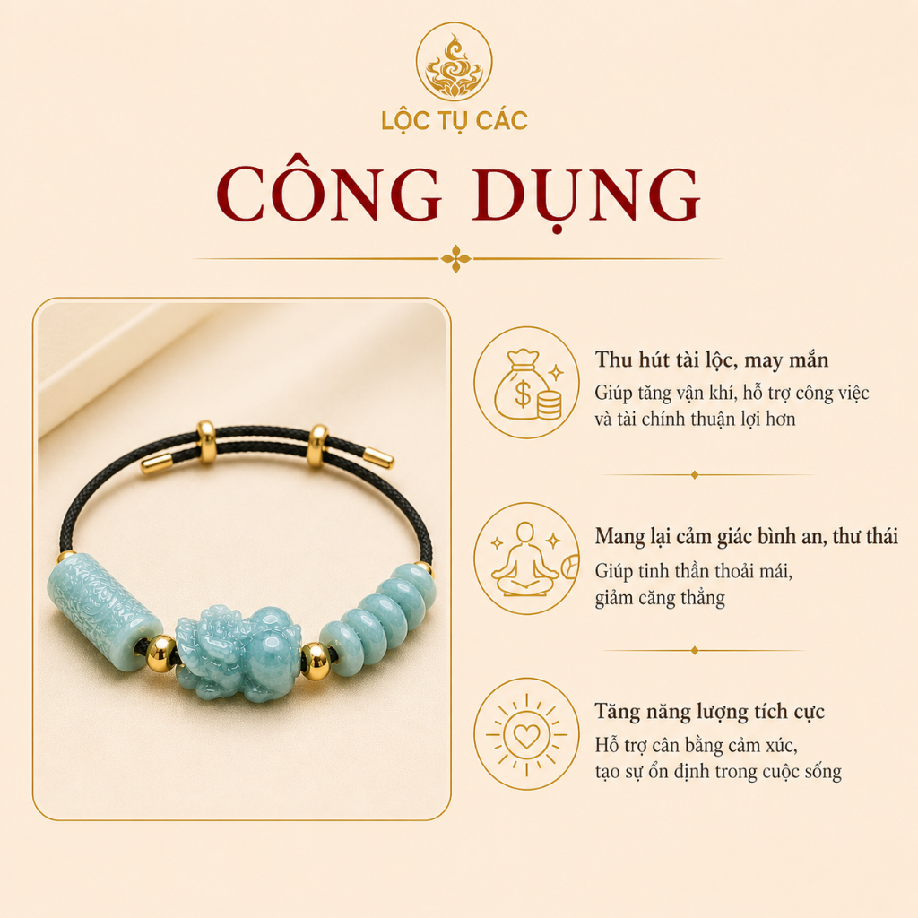 Vòng tay đá hai charm Lam Ngọc, dây đeo Lộc Tụ Các Thiết kế thanh lịch nổi bật, quà tặng may mắn
