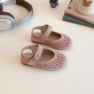 Sz 23-32 Dép Xăng Đan Giày Búp Bê Da Lộn Mũi Nhọn Lỗ Thoáng Khí Phối Quai Ngang K190