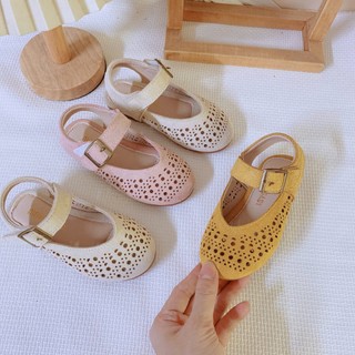 Sz 23-32 Dép Xăng Đan Giày Búp Bê Da Lộn Mũi Nhọn Lỗ Thoáng Khí Phối Quai Ngang K190