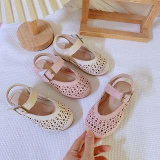 Sz 23-32 Dép Xăng Đan Giày Búp Bê Da Lộn Mũi Nhọn Lỗ Thoáng Khí Phối Quai Ngang K190