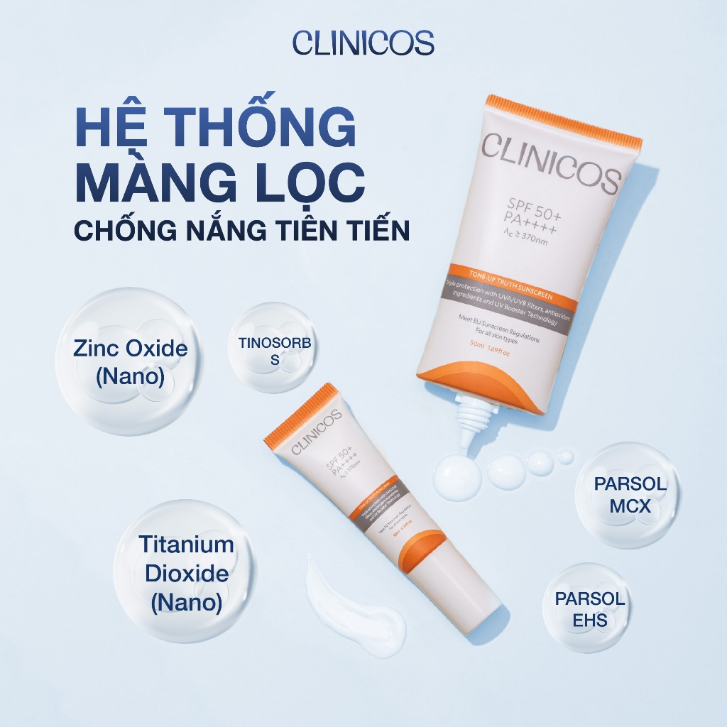 Kem Chống Nắng Clinicos Tone - Up Truth Sunscreen Nâng Tone và Sentitive Truth Sunscreen SPF 50+ PA++++ 50ml