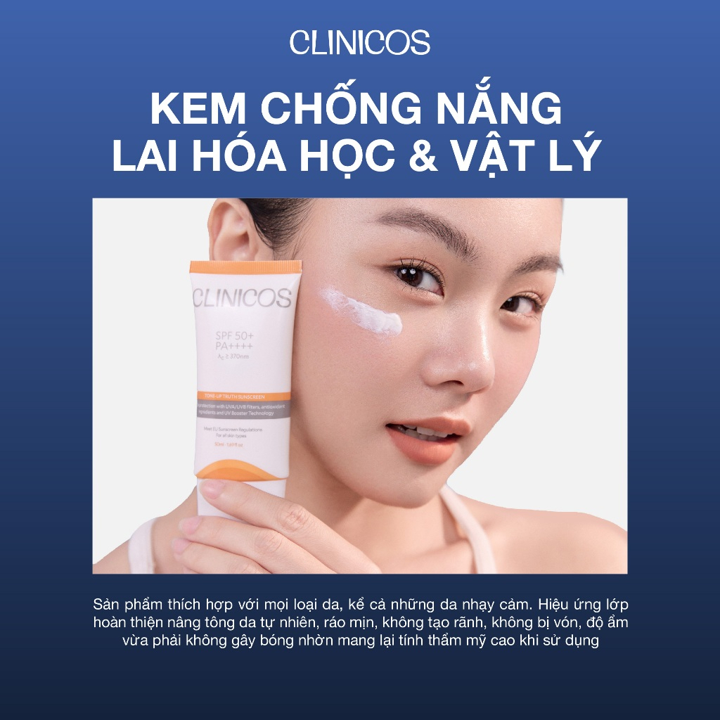 Kem Chống Nắng Clinicos Tone - Up Truth Sunscreen Nâng Tone và Sentitive Truth Sunscreen SPF 50+ PA++++ 50ml