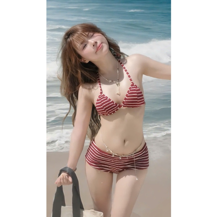 Sét Bikini, Đồ Bơi  2 Mảnh Sọc Quần Mini, Áo Tam Giác Co Giản 4 Chiều Tôn Dáng LanbiShop