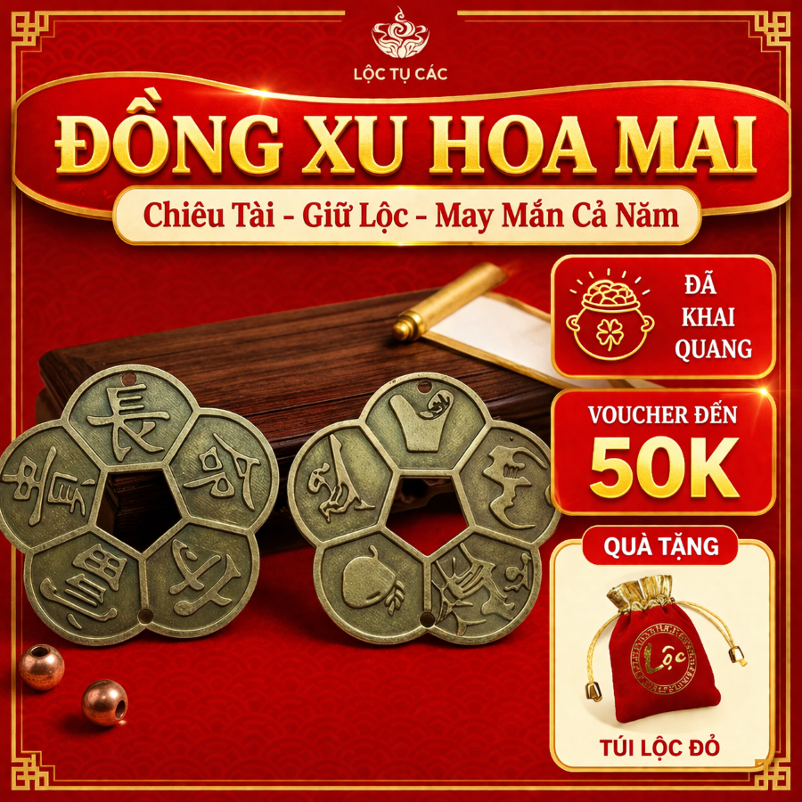 Xu hoa mai, đồng xu cổ Lộc Tụ Các phong thủy chiêu tài lộc hanh thông thuận lợi (ĐÃ THỈNH, TẶNG KÈM TÚI LỘC)