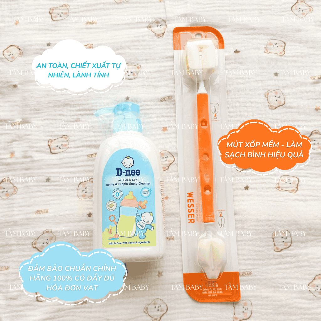 [COMBO] Cọ Wesser Và Nước Rửa Bình Dnee 500ML Thái Lan - Combo Vệ Sinh Bình Sữa - Cocoro Baby
