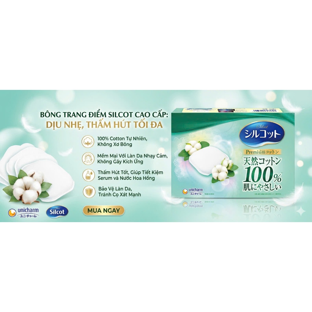 BÔNG TẨY TRANG CAO CẤP SILCOT PREMIUM NHẬT BẢN (100% COTTON TỰ NHIÊN)
