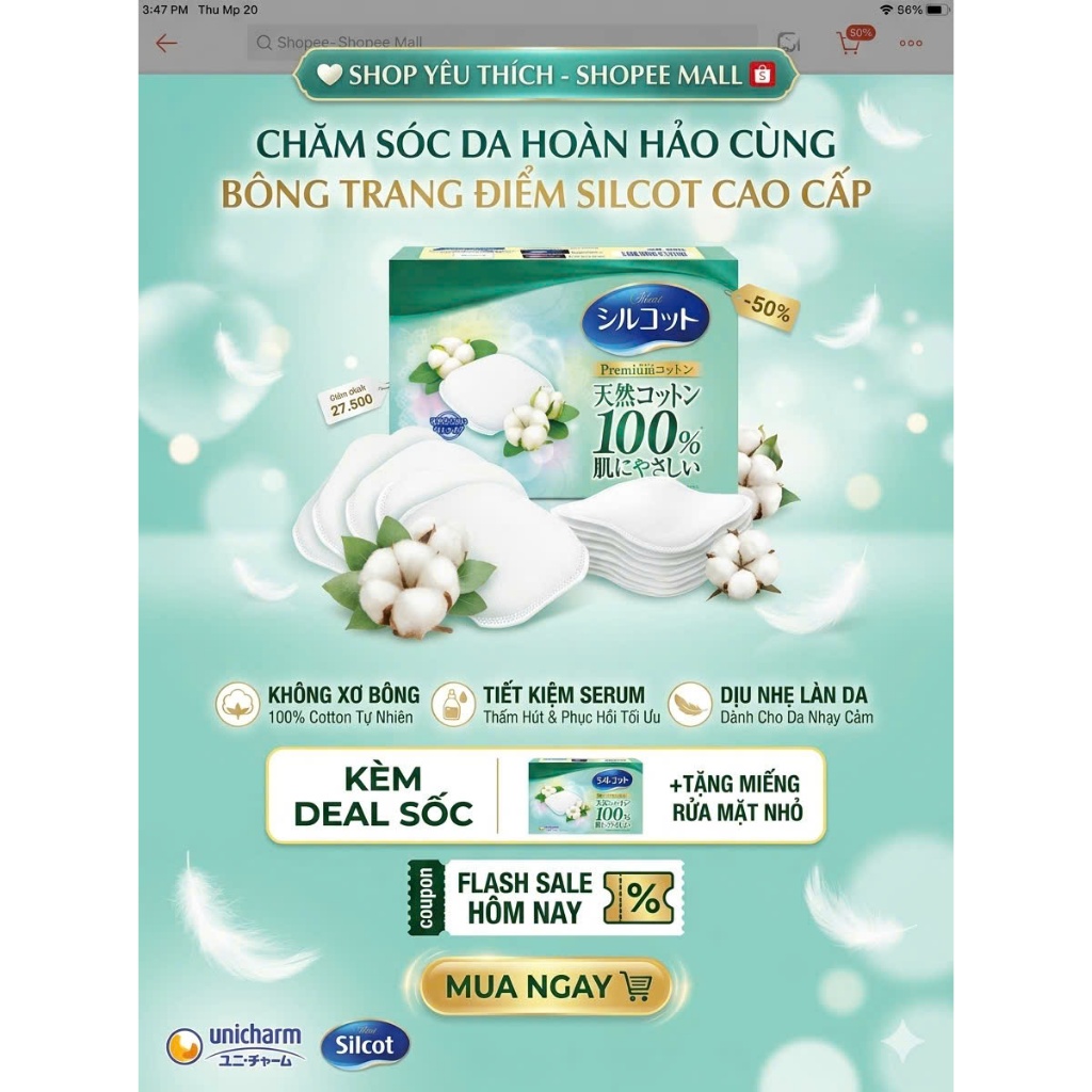 BÔNG TẨY TRANG CAO CẤP SILCOT PREMIUM NHẬT BẢN (100% COTTON TỰ NHIÊN)