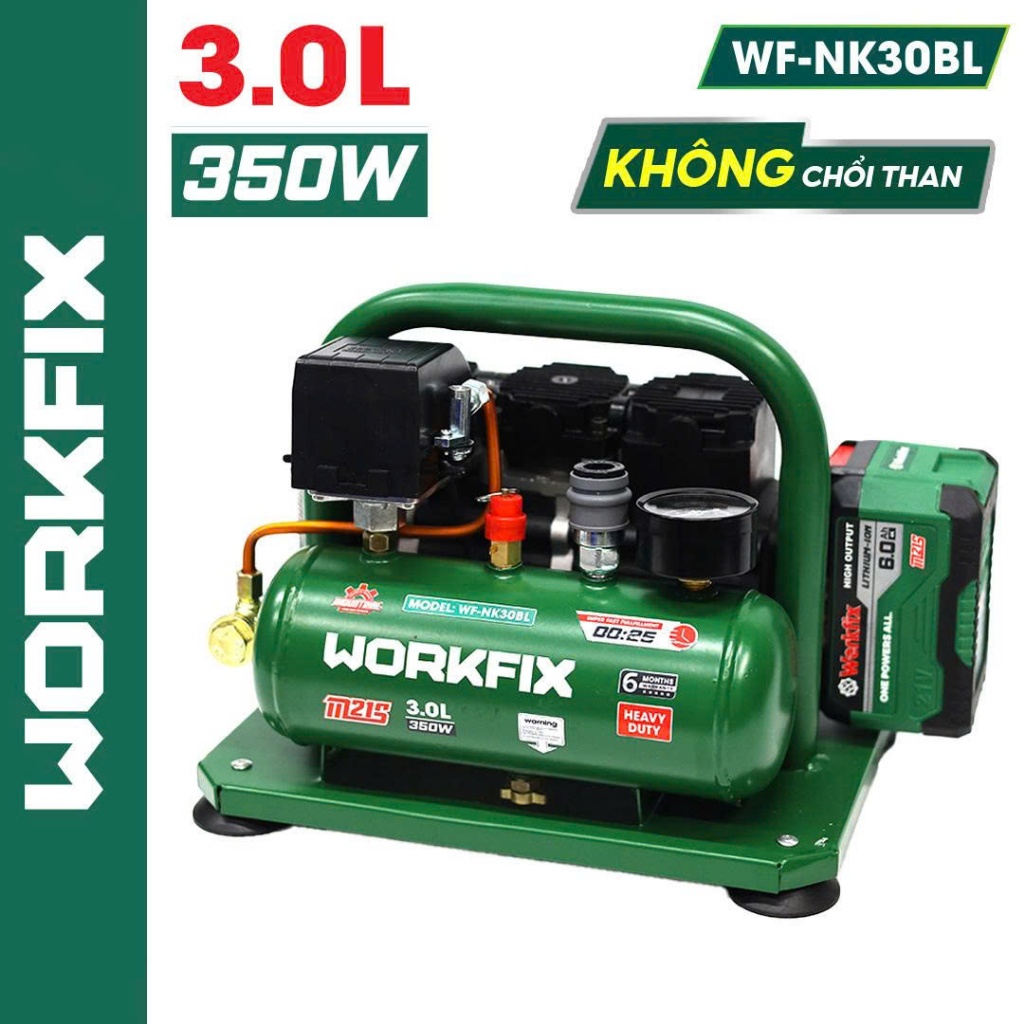 Máy Nén Khí Pin Workfix WF-NK30BL 21V 350W Không Chổi Than Bình 3L Áp Lực 8Bar Bơm Hơi Nhanh Mini Cầm Tay