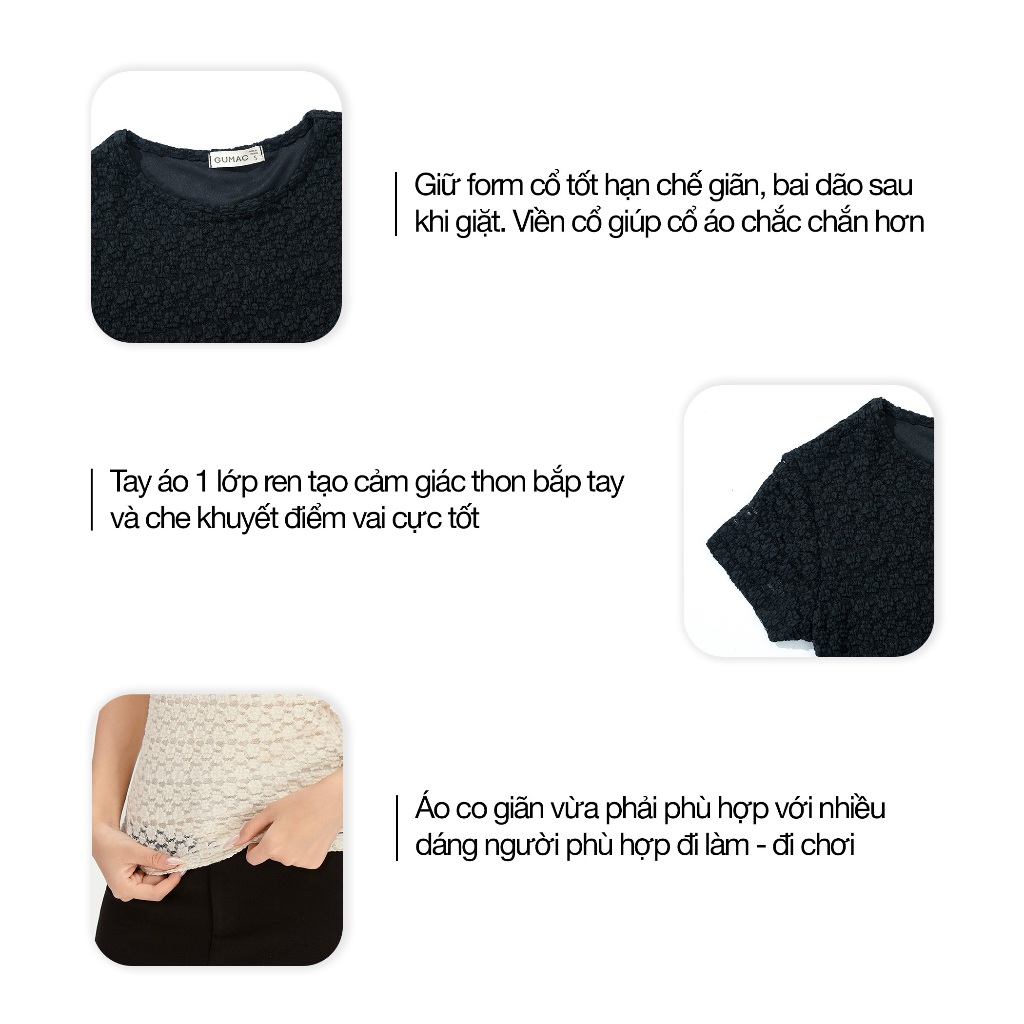 Áo Thun Nữ Cổ Tròn GUMAC Form Slim Ôm Nhẹ Nhàng Tay Ngắn Chất Thun Ren 2 Lớp Thoải Mái LATF0918