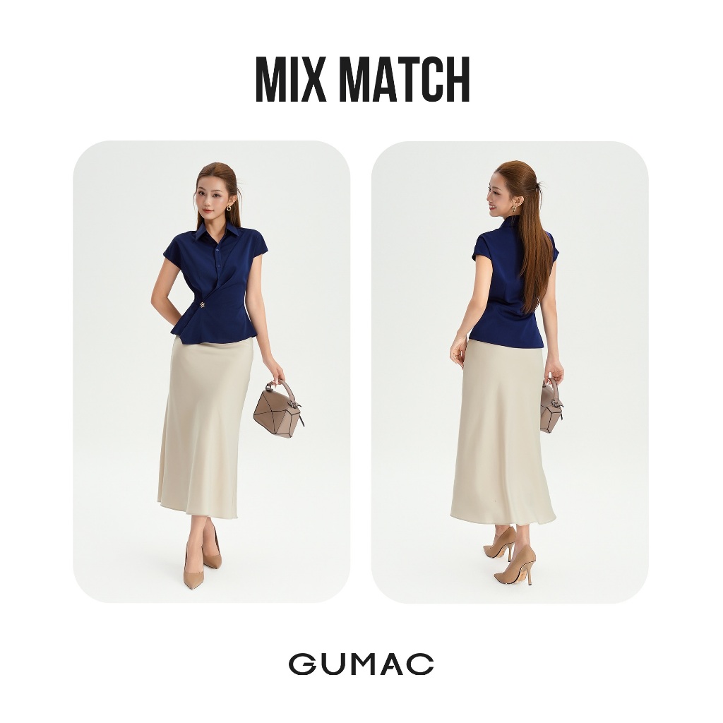 Áo Sơ Mi Nữ GUMAC Tay Ngắn Có Vạt Đắp Chéo Kèm Đính Nút Kim Loại Cách Điệu LAF1104