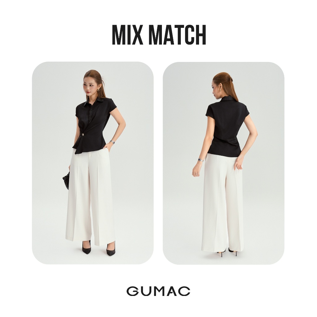 Áo Sơ Mi Nữ GUMAC Tay Ngắn Có Vạt Đắp Chéo Kèm Đính Nút Kim Loại Cách Điệu LAF1104