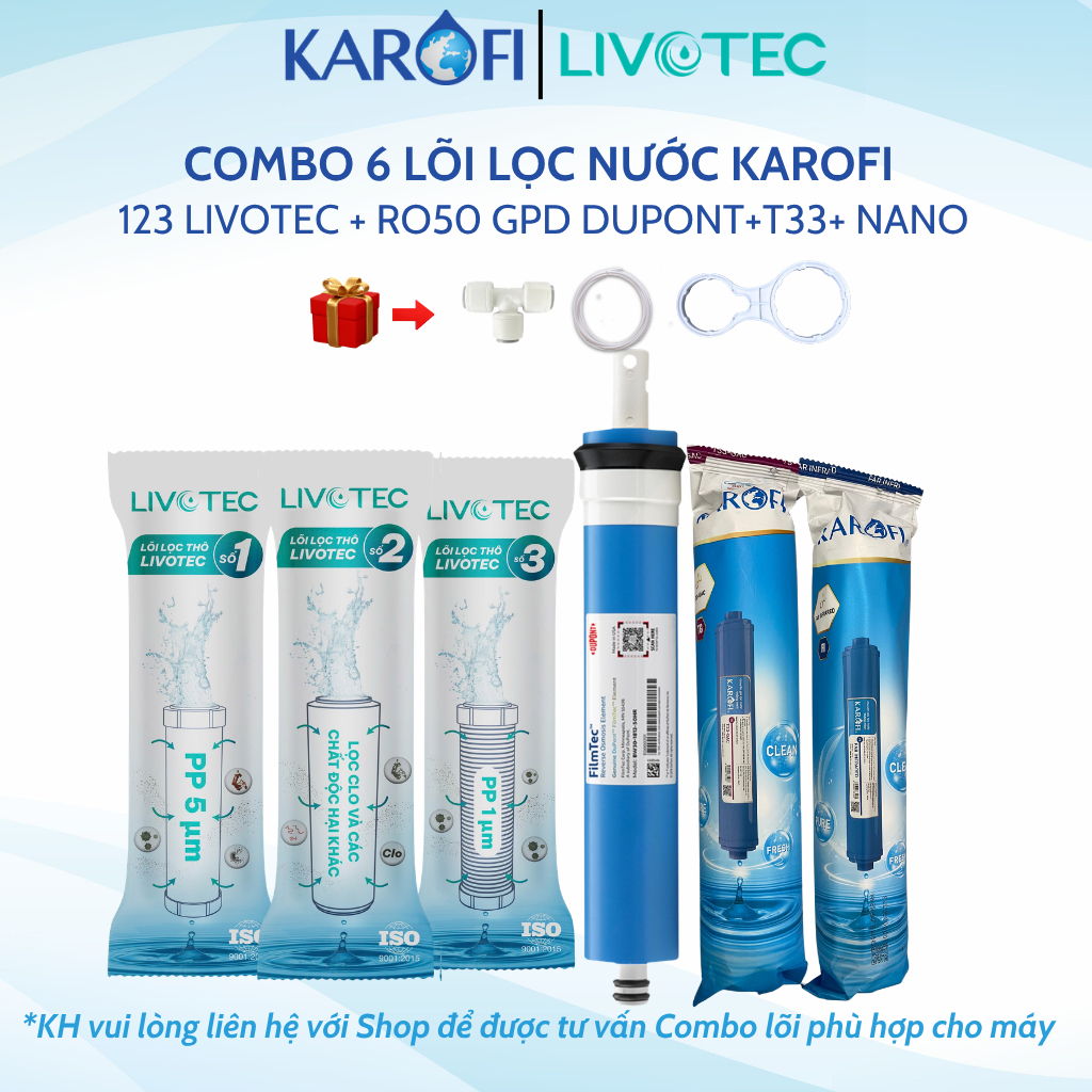 Combo 6 Lõi Lọc Nước Karofi Gồm Lõi 123 Levotec ,Màng RO,Lõi Chức Năng T33 Nano