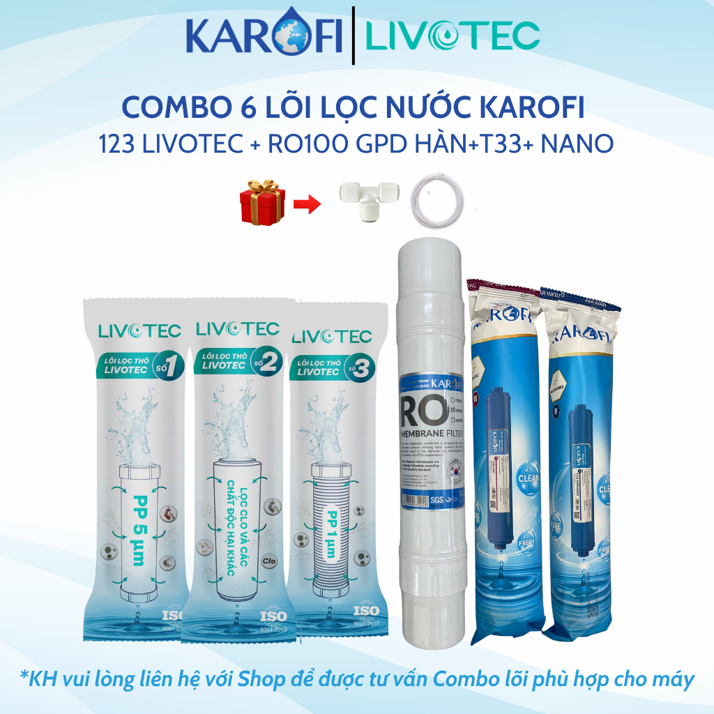 Combo 6 Lõi Lọc Nước Karofi Gồm Lõi 123 Levotec ,Màng RO,Lõi Chức Năng T33 Nano