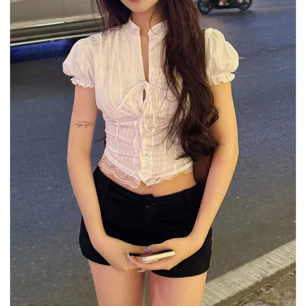 Áo Kiểu Nữ Dáng Croptop Chi Tiết Cổ Tàu Tay Bồng Cột Dây Nơ, Áo Kiểu Nữ Siêu Hot Hit Phù Hợp Đi Chơi Đi Du Lịch - KA832