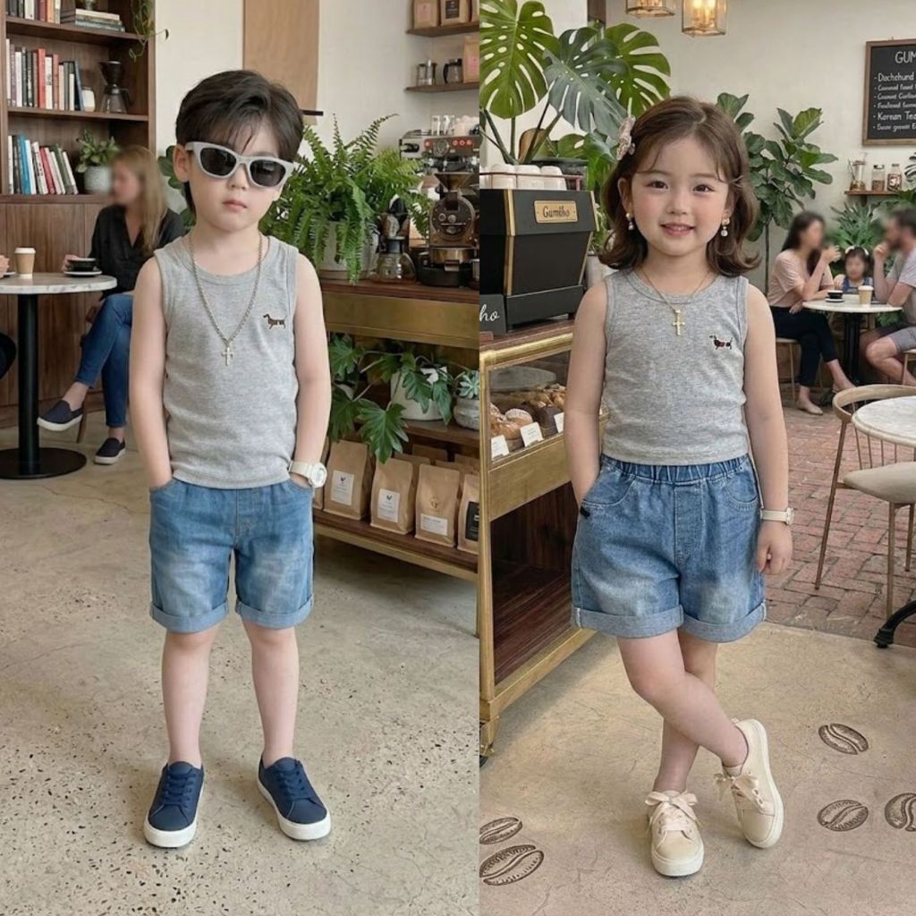 Set Bộ Bé Gái/ Bé Trai Mùa Hè Áo Thun Lạnh Sát Nách Phối Quần Short Jean Mềm Co Giãn Cao Cấp Gumiho Kids
