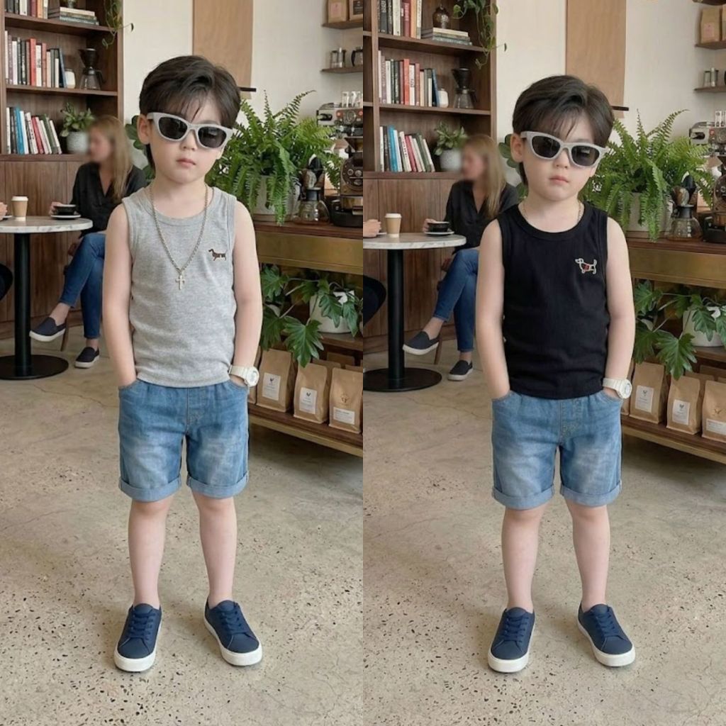 Set Bộ Bé Gái/ Bé Trai Mùa Hè Áo Thun Lạnh Sát Nách Phối Quần Short Jean Mềm Co Giãn Cao Cấp Gumiho Kids