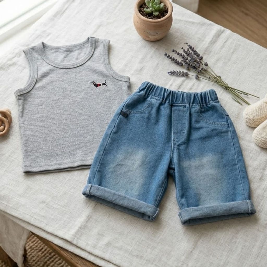 Set Bộ Bé Gái/ Bé Trai Mùa Hè Áo Thun Lạnh Sát Nách Phối Quần Short Jean Mềm Co Giãn Cao Cấp Gumiho Kids