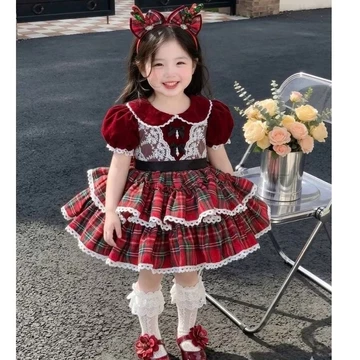 Váy Lolita Caro Đỏ Tạp Dề Chery 5-19 Kg Kèm Tuban Và Chip ,Váy Cho Bé Gái Đầy Đầy Tháng Sinh Nhật Dự Tiệc