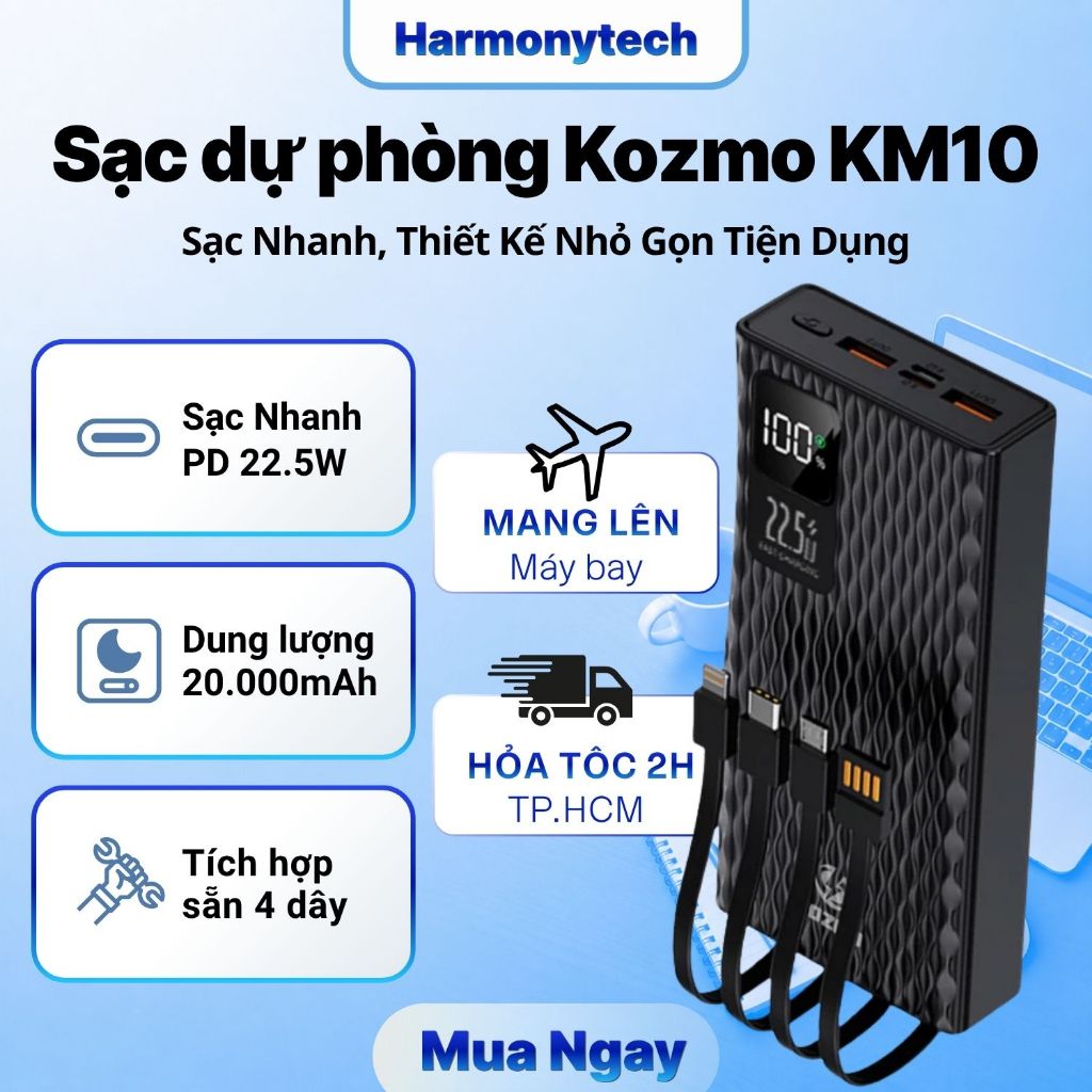 Sạc Dự Phòng 20000mAh KOZMO KM10 – Sạc Nhanh 22.5W, 4 Dây Sẵn Tiện Lợi, Nhỏ Gọn, Không Nóng Máy