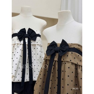 MIMI CLOTHING - Set bộ nữ áo cúp ngực chấm bi đính nơ phối quần dáng bí ngắn