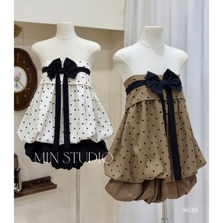 MIMI CLOTHING - Set bộ nữ áo cúp ngực chấm bi đính nơ phối quần dáng bí ngắn