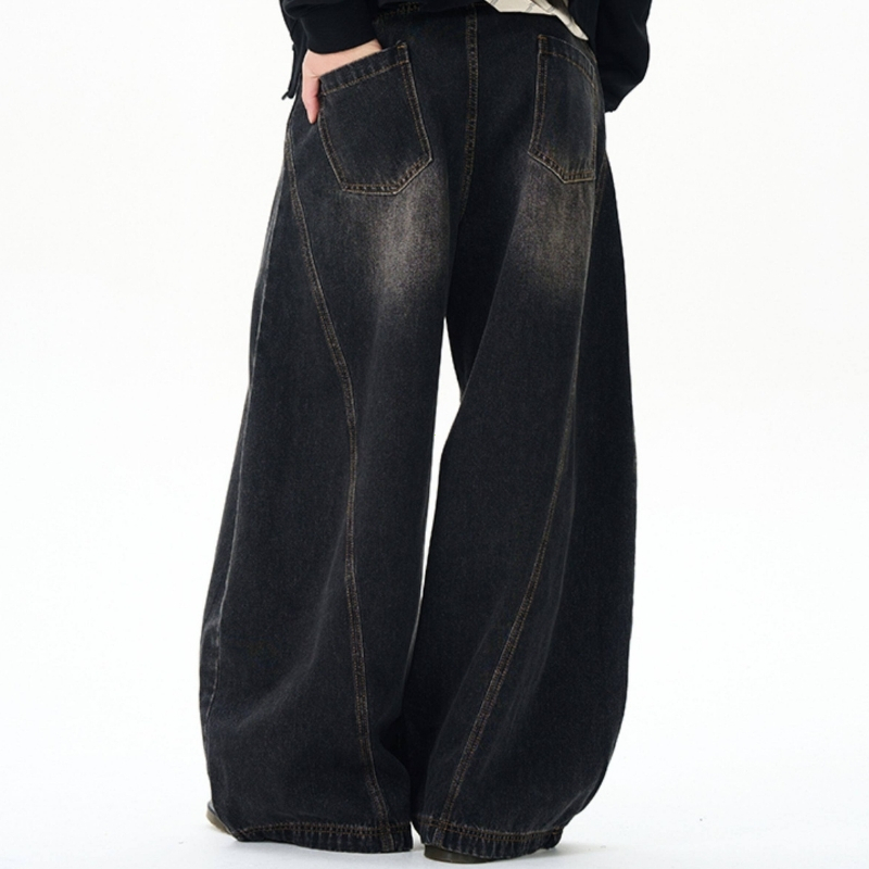 Quần jean ống rộng cong unisex quần dài sàn rộng thùng thình rũ sàn kiểu dáng cổ điển giặt cũ làm cũ vết râu mèo