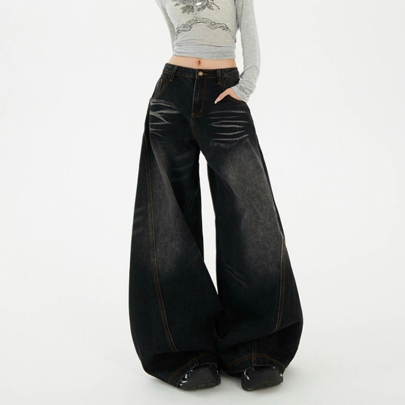 Quần jean ống rộng cong unisex quần dài sàn rộng thùng thình rũ sàn kiểu dáng cổ điển giặt cũ làm cũ vết râu mèo