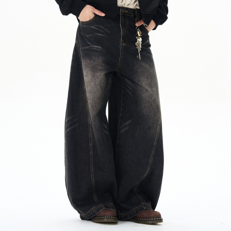 Quần jean ống rộng cong unisex quần dài sàn rộng thùng thình rũ sàn kiểu dáng cổ điển giặt cũ làm cũ vết râu mèo