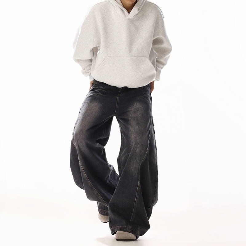Quần jean ống rộng cong unisex quần dài sàn rộng thùng thình rũ sàn kiểu dáng cổ điển giặt cũ làm cũ vết râu mèo