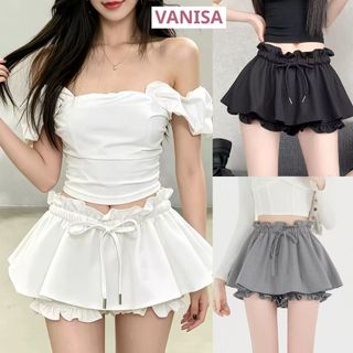 Chân váy nỉ nữ dáng ngắn xoè có quần bảo hộ cạp chun rút eo đen trắng xám VANISA CV032
