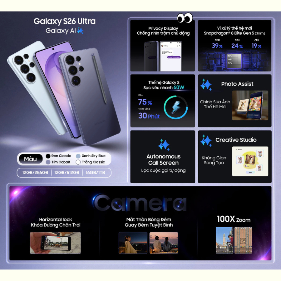 Điện Thoại Samsung Galaxy S26 Ultra 12GB | 256GB - Camera 200MP, Hiệu Năng Mạnh Mẽ - Hàng Chính Hãng
