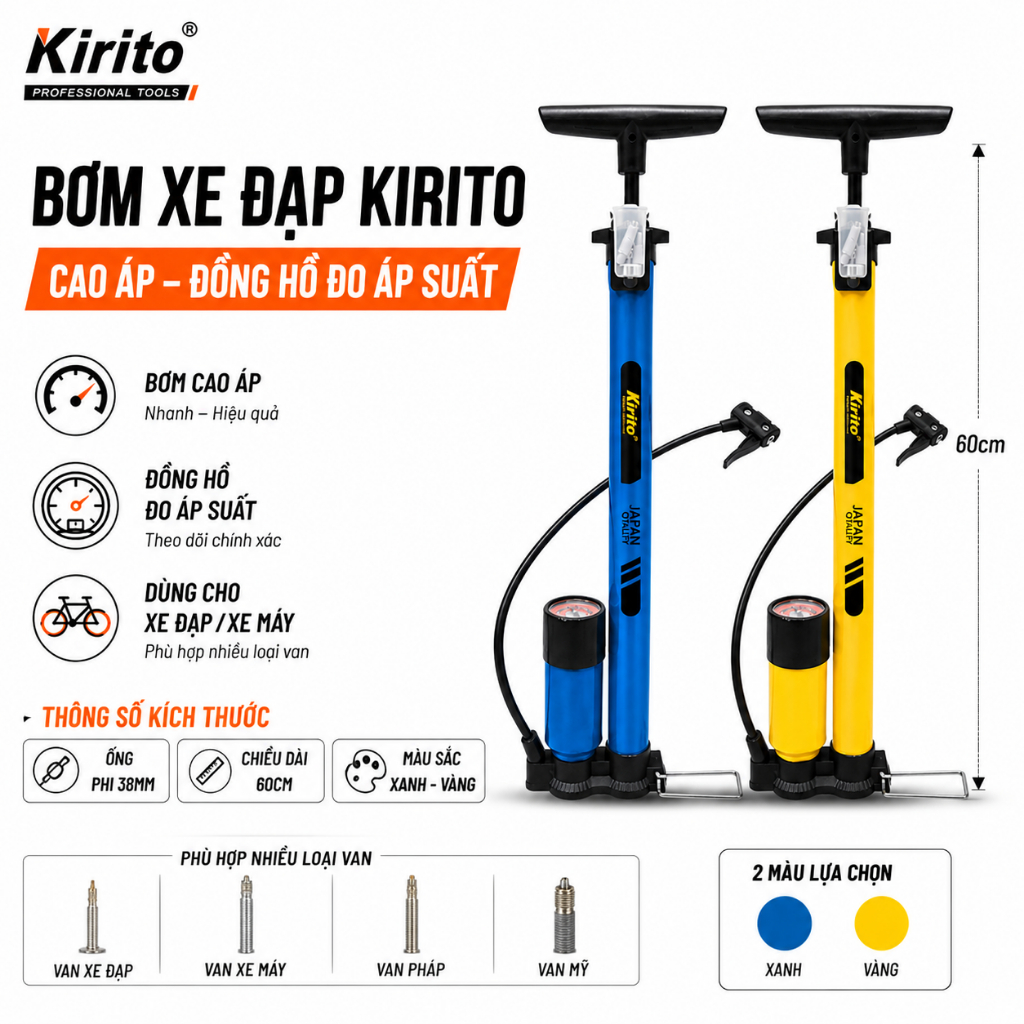 Bơm xe đạp, xe máy thương hiệu Kirito nhật bản có đầu bơm bóng, bơm đệm