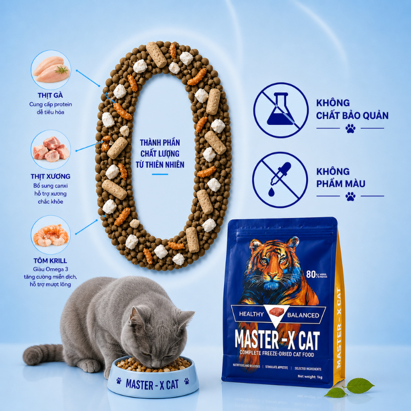 [Combo 3 Túi 1KG] Thức Ăn Hạt Mix Thịt Sấy Master X Cat Cho Mèo Với 3 Loại Thịt Sấy: Thịt Gà, Thịt Xương, Tôm Krill
