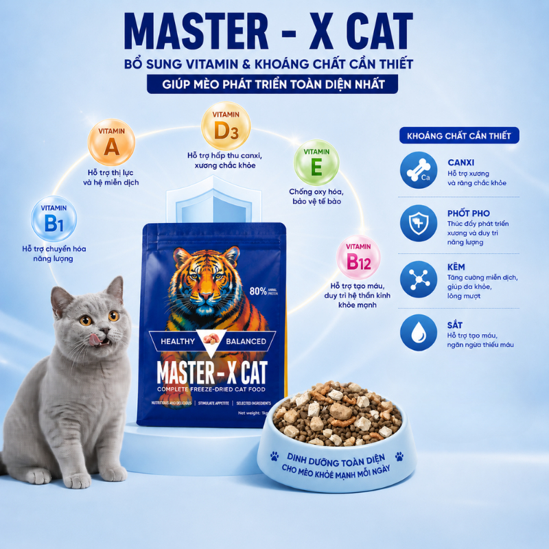[Combo 3 Túi 1KG] Thức Ăn Hạt Mix Thịt Sấy Master X Cat Cho Mèo Với 3 Loại Thịt Sấy: Thịt Gà, Thịt Xương, Tôm Krill