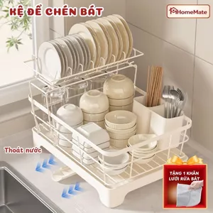 Kệ Để Chén Bát 2 Tầng Thép Carbon, Giá Úp Bát Đĩa Có Khay Hứng Nước, Kệ Nhà Bếp Đa Năng Chống Gỉ