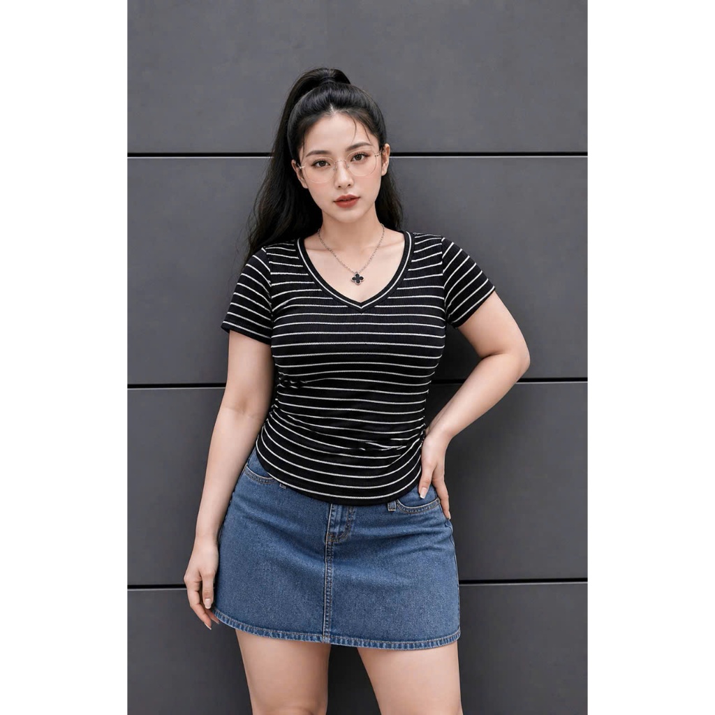 Áo Thun Sọc Bigsize Cổ Tim Nữ,Áo Phông Sọc Kiểu Big Size Nhún Eo Vải Gân Tăm Co Giãn Mềm Mịn G85