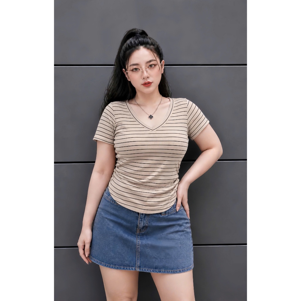 Áo Thun Sọc Bigsize Cổ Tim Nữ,Áo Phông Sọc Kiểu Big Size Nhún Eo Vải Gân Tăm Co Giãn Mềm Mịn G85