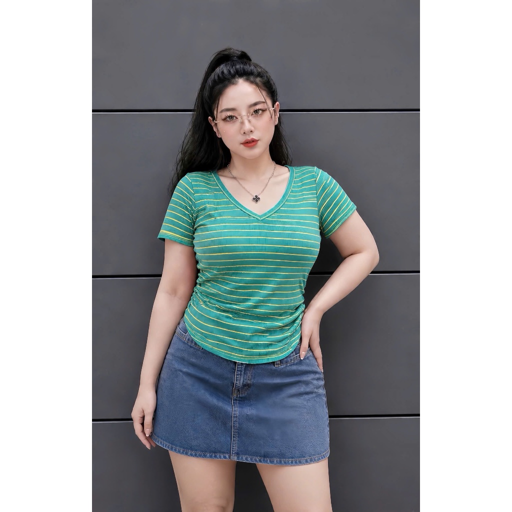 Áo Thun Sọc Bigsize Cổ Tim Nữ,Áo Phông Sọc Kiểu Big Size Nhún Eo Vải Gân Tăm Co Giãn Mềm Mịn G85