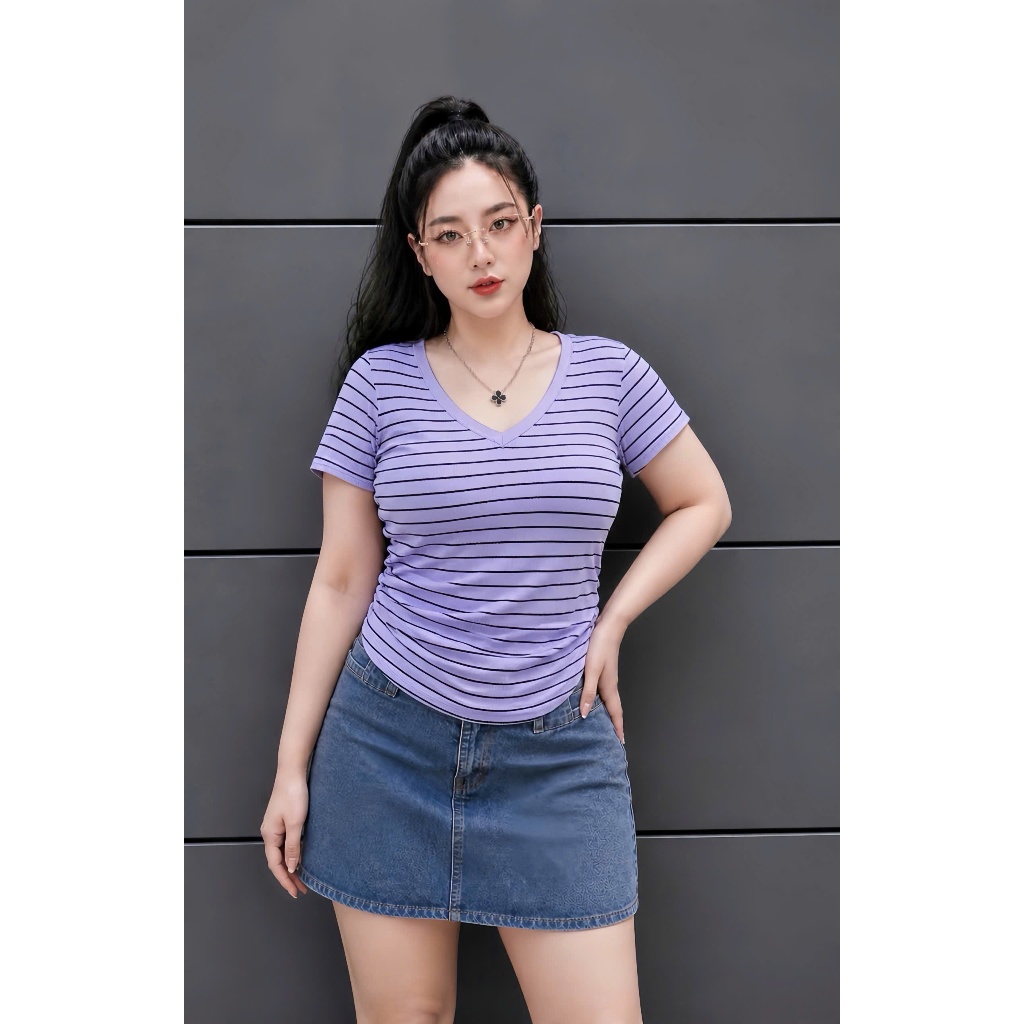 Áo Thun Sọc Bigsize Cổ Tim Nữ,Áo Phông Sọc Kiểu Big Size Nhún Eo Vải Gân Tăm Co Giãn Mềm Mịn G85