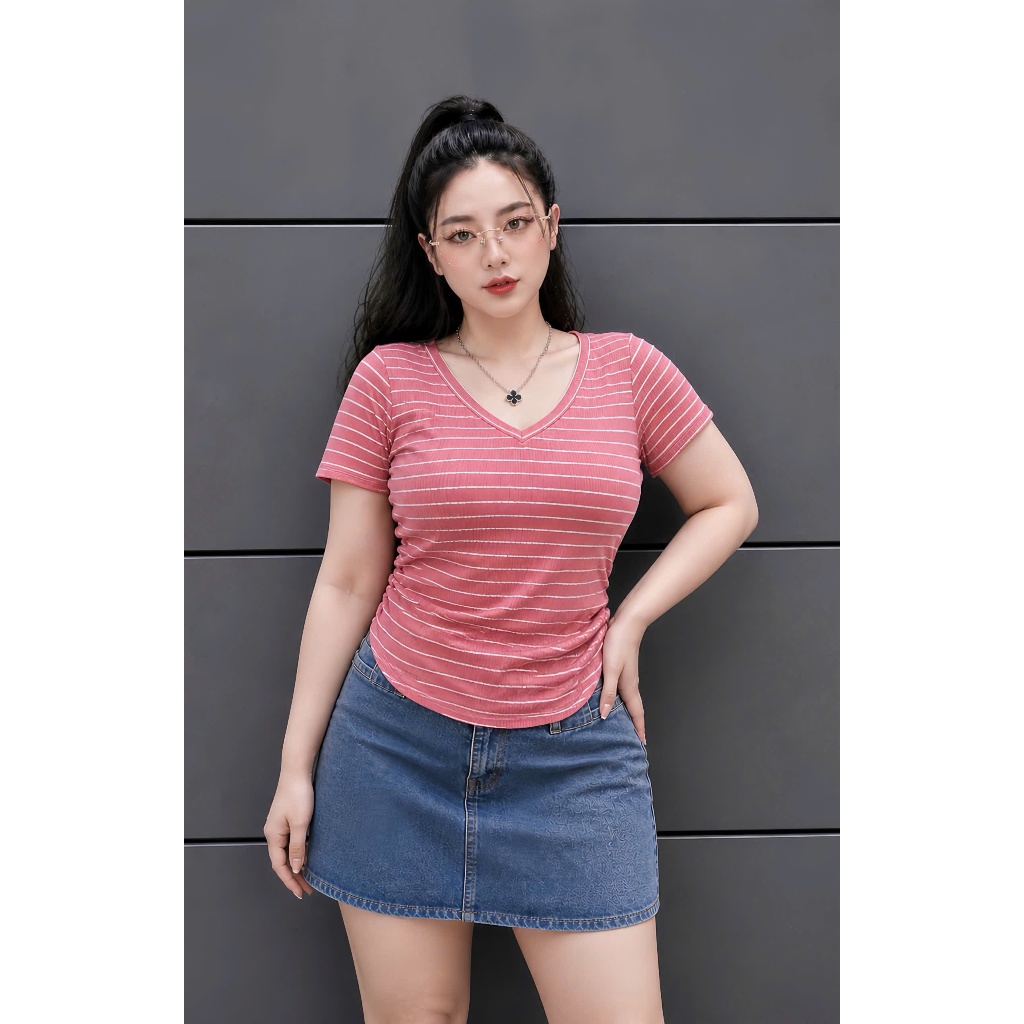 Áo Thun Sọc Bigsize Cổ Tim Nữ,Áo Phông Sọc Kiểu Big Size Nhún Eo Vải Gân Tăm Co Giãn Mềm Mịn G85