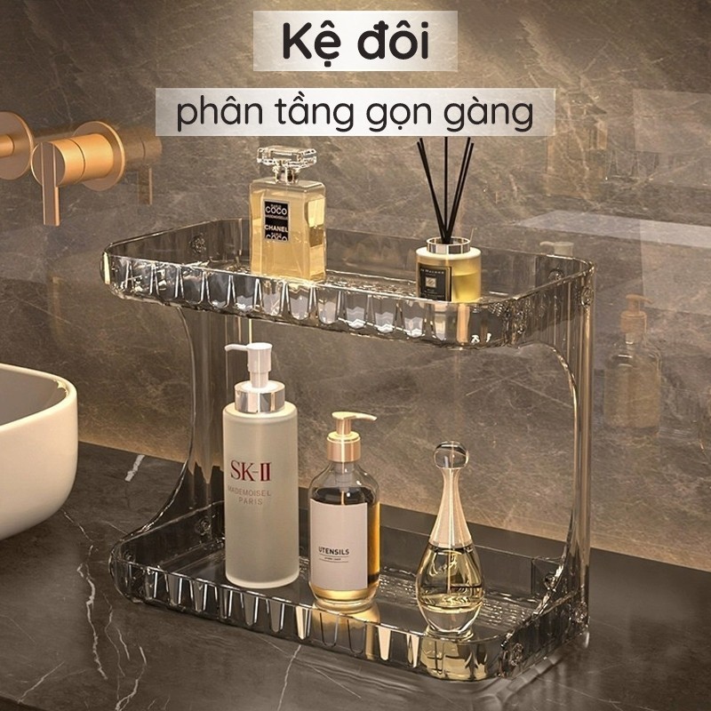 Kệ Đựng Mỹ Phẩm 2 Tầng Trong Suốt Mica Acrylic, Kệ Trang Điểm Để Bàn Nhà Tắm Gọn Gàng Sang Trọng