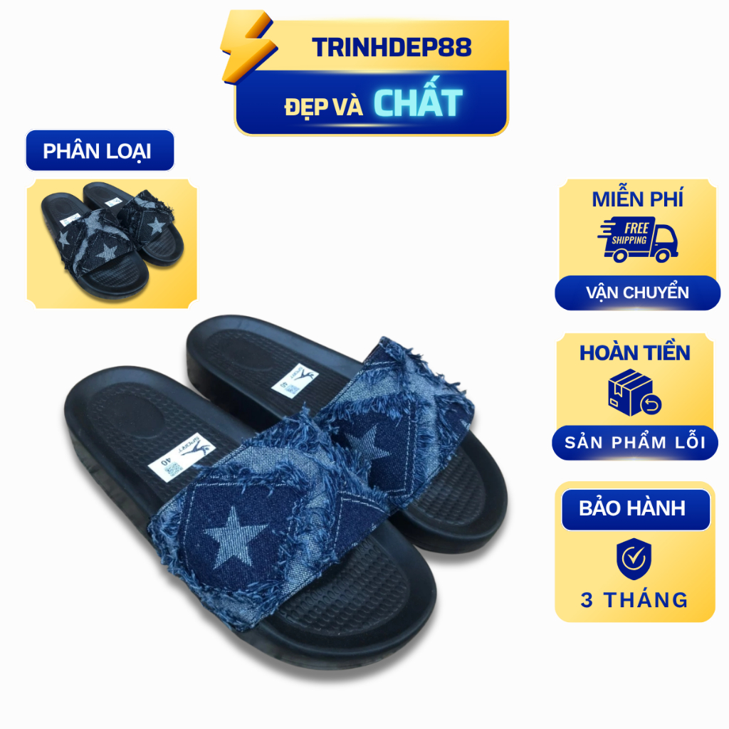 Dép Lê Nam, Dép Quai Ngang Nam, Vải Jean Bò, Hoạ Tiết Ngôi Sao, Dép Nam Phong Cách Hàn Quốc Mẫu Mới Size 35-44