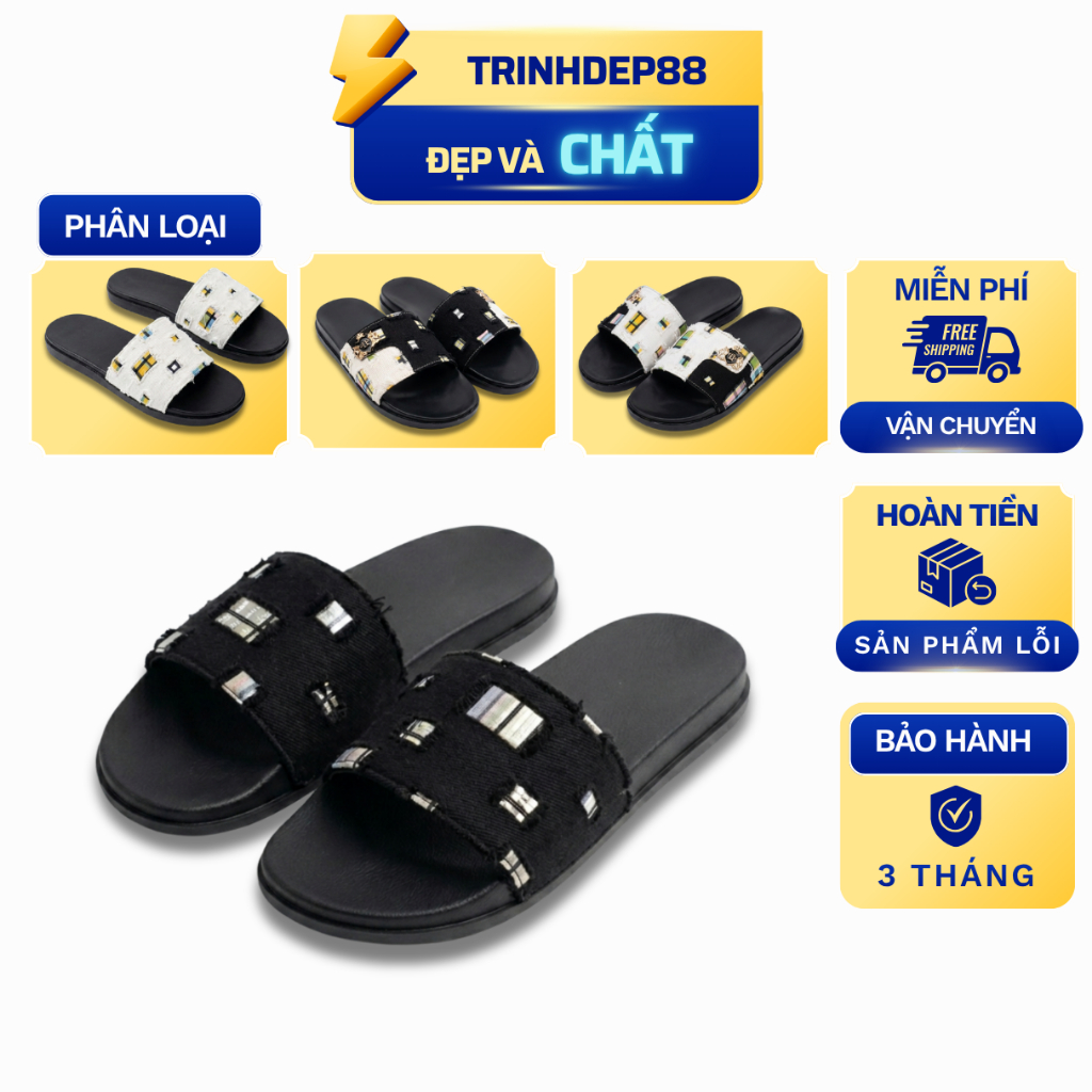 Dép Lê Unisex Nam Nữ Quai Ngang, Chất Liệu Jean, Họa Tiết Logo Nổi Bật, Đế Khâu Chắc Chắn
