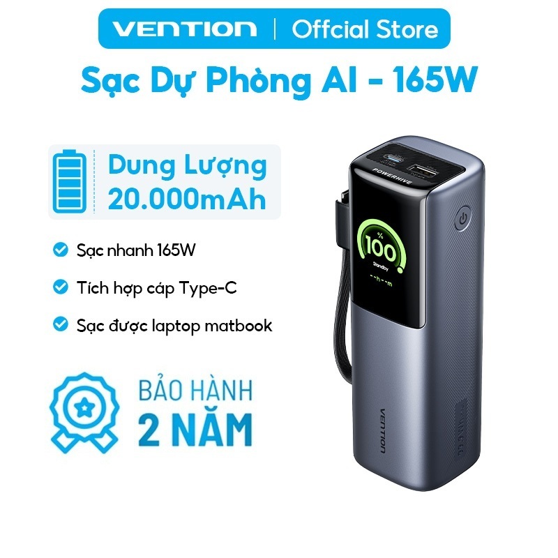 Pin Sạc Dự Phòng 165W 20000mAh Vention Sạc Được Laptop MatBook, Dây Type-C Tích Hợp, Màn Hình AI, 2 Cổng USB-A/C