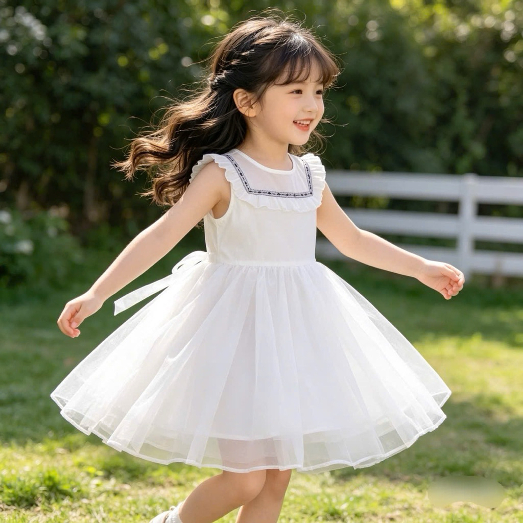 Váy Bé Gái Sát Nách Xuất Dư F0064 – Đầm 2 Lớp Xinh Xắn, Size 4–9Y (15–33kg)